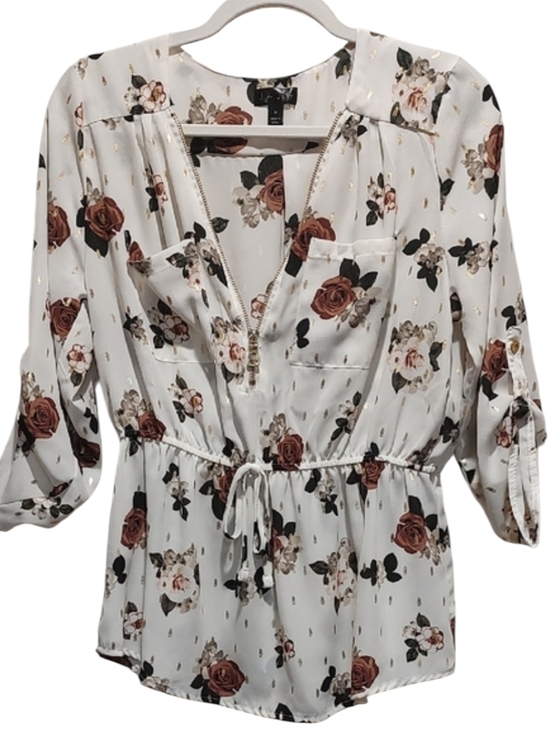 J for Justify Tops - Chic Floral Blouse - White and Brown